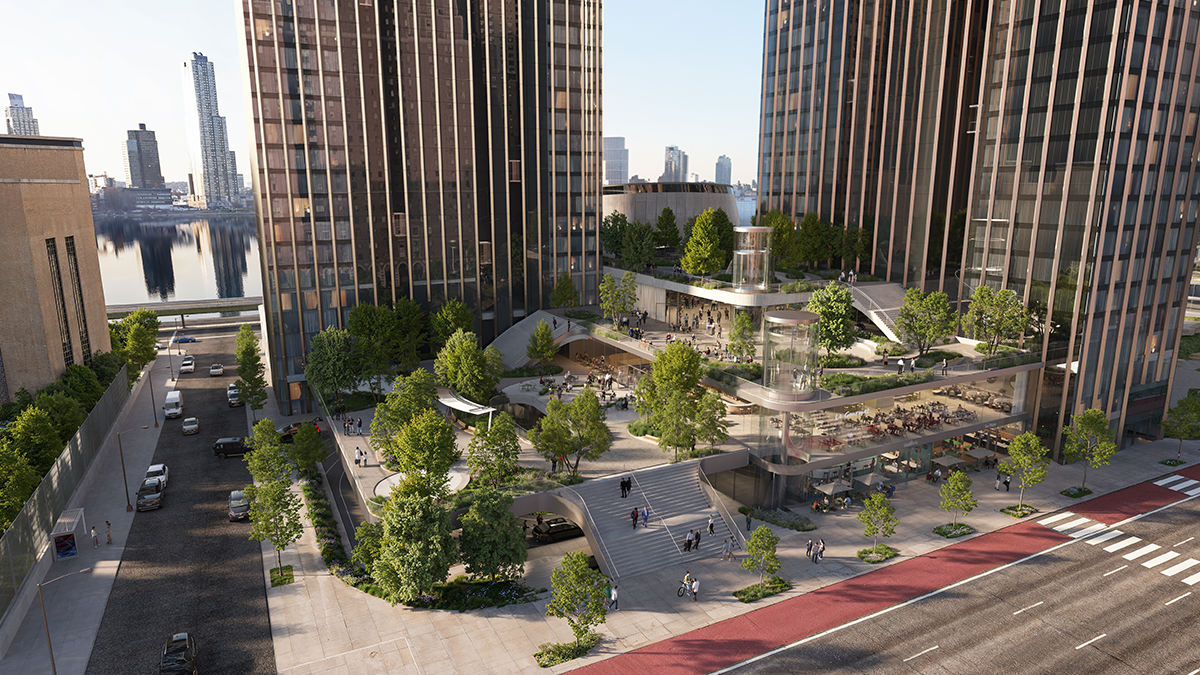 plaza with terraces and glass buildings by the water