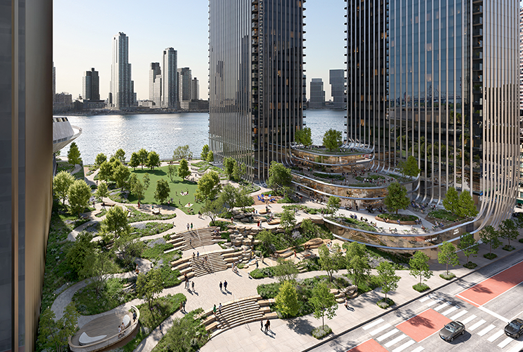 Green plaza connecting city to river